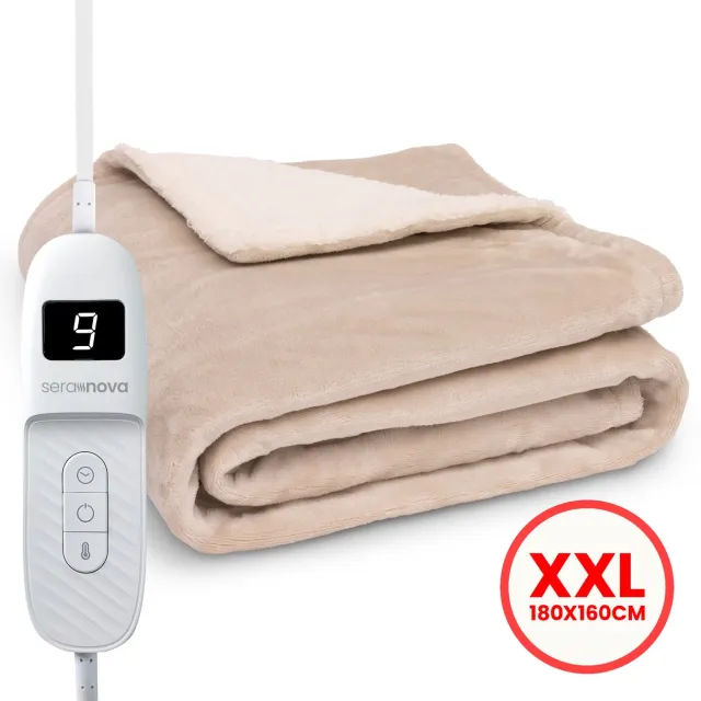 Seranova Elektrische deken XXL - 180x160 cm - 2 Persoons Bovendeken - Warmtedeken - Dubbelzijdig Fleece Sherpa - Crème beige Beige (Sand Beige)