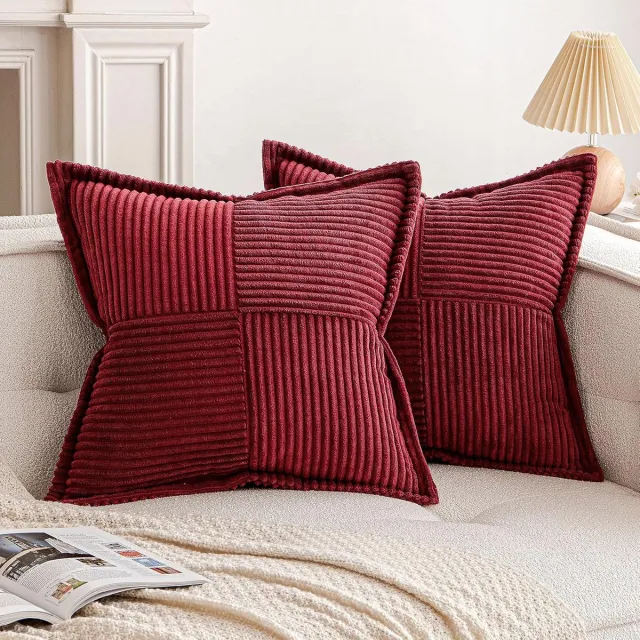 Famanu Kerst corduroy ribfluweel kussenhoezen set van 2 (40x40 cm) – zachte sierkussenhoezen – wijnrood/bordeaux