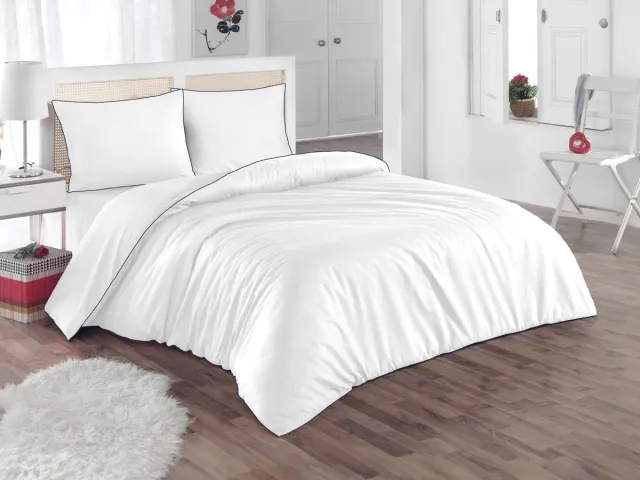Vente-unique Bedlinnenset in katoenperkal 80 draden/cm² - Dekbedovertrek 220 x 240 cm + 2 kussenslopen 63 x 63 cm - Wit met blauwe paspel - AGAMI van PALACIO Blauw, Wit