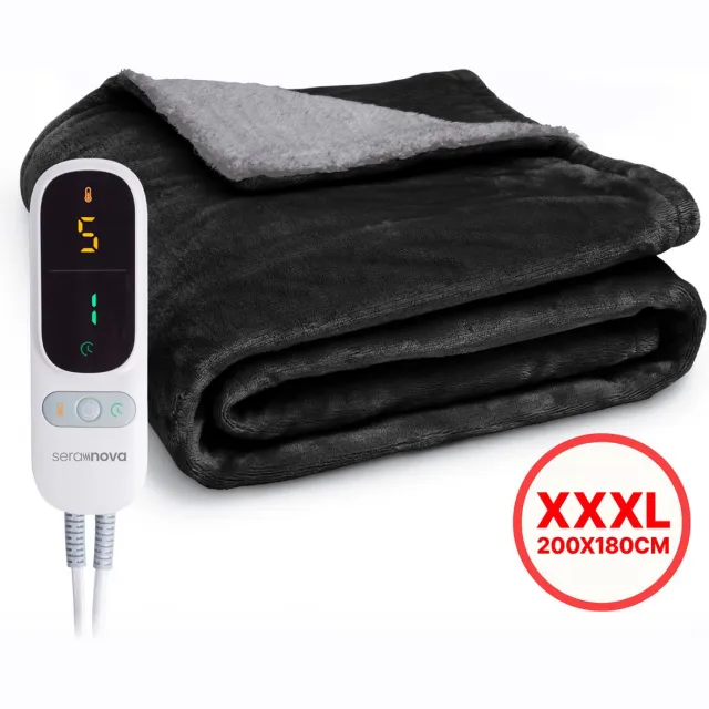 Seranova Elektrische Deken 3XL - Extra Warmtedraden - Premium Model - 200x180 cm - 2 persoons Warmtedeken - Dubbelzijdig Fleece Sherpa - Grijs Antraciet Grijs - premium