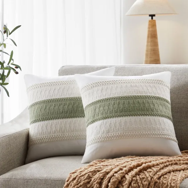SNQ Set van 2 decoratieve kussenslopen van katoen en linnen - 45 × 45 cm - Kussensloop met kleurblokken - Zacht en comfortabel - Bohemian, landelijke stijl - Geschikt voor banken, bedden en woonkamers