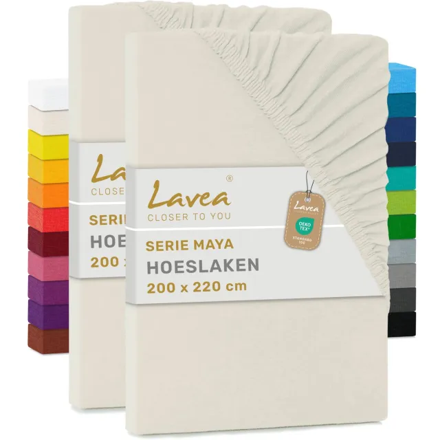 lavea Set van 2 Hoeslakens 200x220 cm – 100% Zacht en Ademend Katoen – voor Dikke Matrassen tot 35 cm – Jersey met Elastiek rondom – Crème
