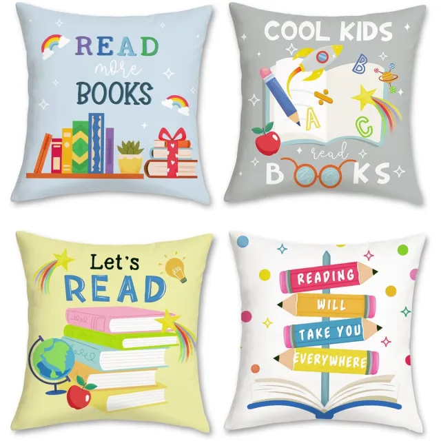 Ibenzoa Set van 4 kleurrijke decoratieve kussenhoezen met boeken- en potloodthema voor kinderkamers en leeshoeken kleurijk