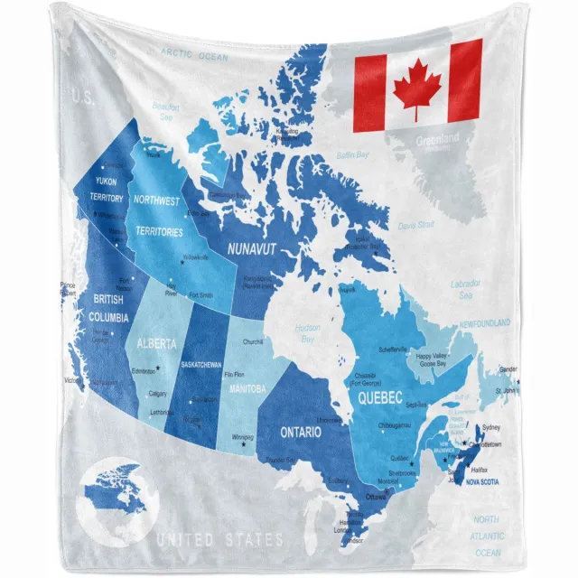 ABAKUHAUS Canada Zachte Flanellen Fleece Deken, Gedetailleerde Landcontouren en Naam, Gezellige Pluche Plaid, 175 x 230 cm, Hemelsblauw Vermiljoen Donker Magenta en Multicolor
