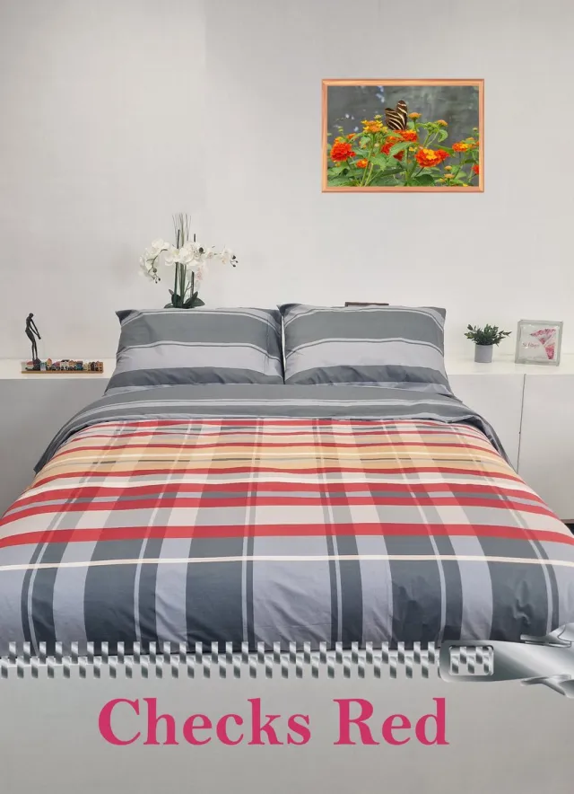 Sofiben Dekbedovertrek-Budgetline-Checks Red doorlopende rits over 3 zijden-afm:-140x220 rood