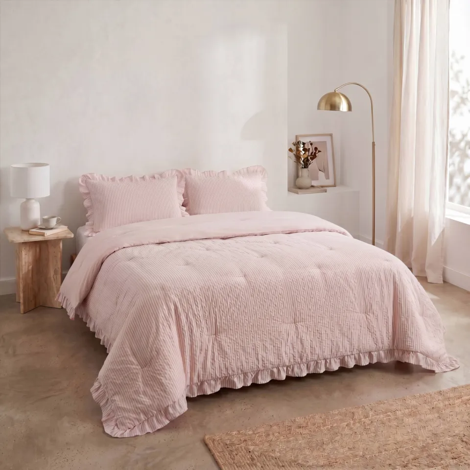 W seersucker dekbed zonder overtrek met kussensloop Lazy - ruffles roze, foto 2