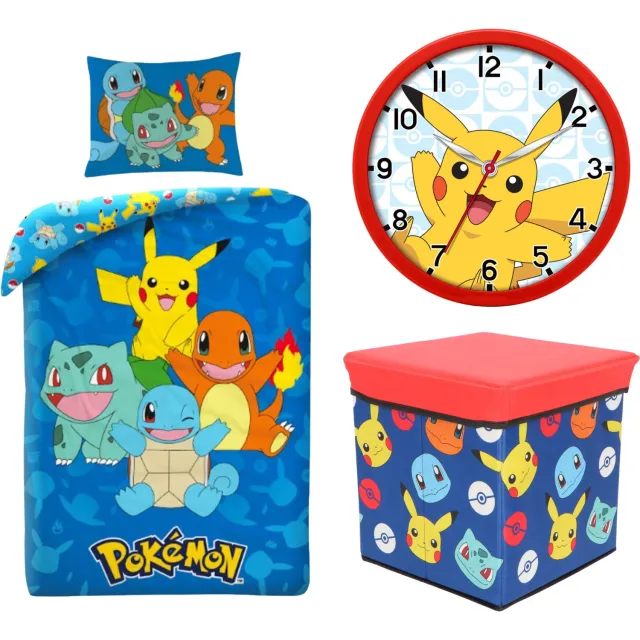 Pokémon Pokemon slaapkamerset; dekbedovertrek, wandklok, opbergdoos/stoel Dekbedset