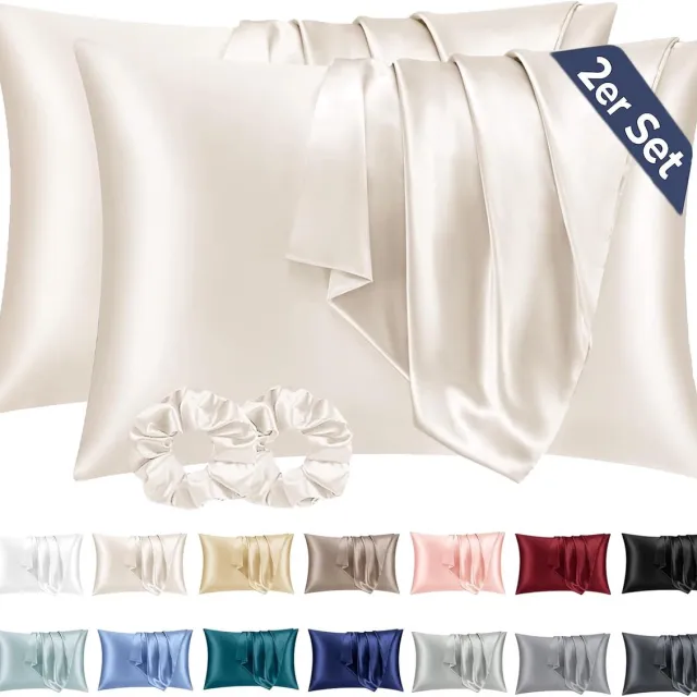 Famanu 2 Satijn Kussensloop Beige - zo Zacht als Zijden Kussensloop - Envelopsluiting met 2 Haarbandjes
