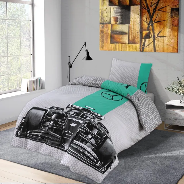 BED GLOW & APPAREL Mercedes Formule 1 Beddengoedset | Dekbedovertrek 140x200 + Hoeslaken 90x200+25 + Kussensloop 60x70 | 100% Katoen | Formule 1 Mercedes Meerkleurig