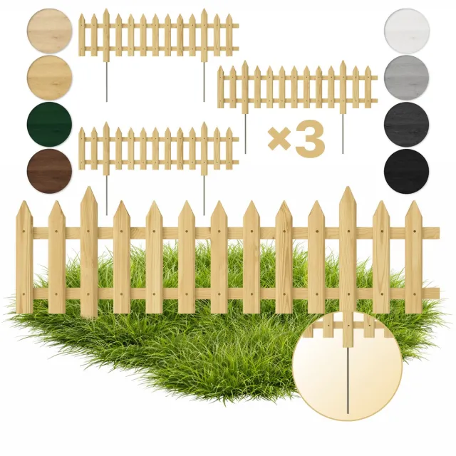 Floranica 3 ST houten tuinafscheiding 30 x 100 cm, natuurkleur, klassiek lattenhek met metalen palen, voor voortuin of groentebedden 3 Stk. / Natuur