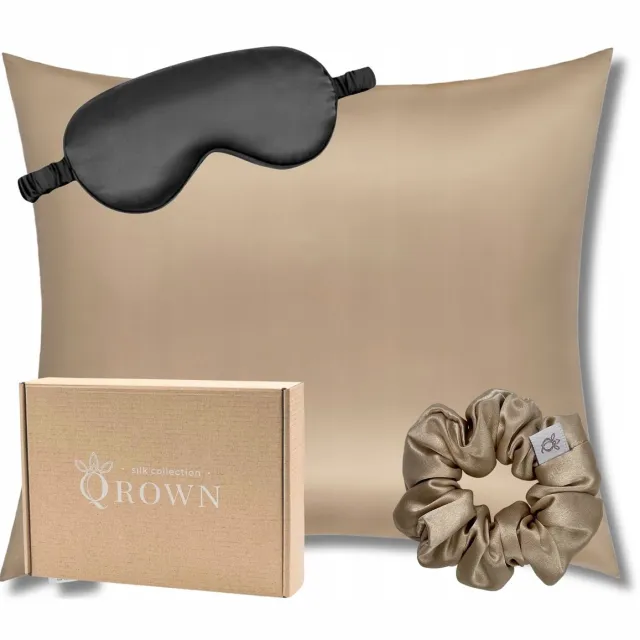 Qrown Luxe Zijden Kussensloop 70x80cm met Haarband & Oogmasker Champagne