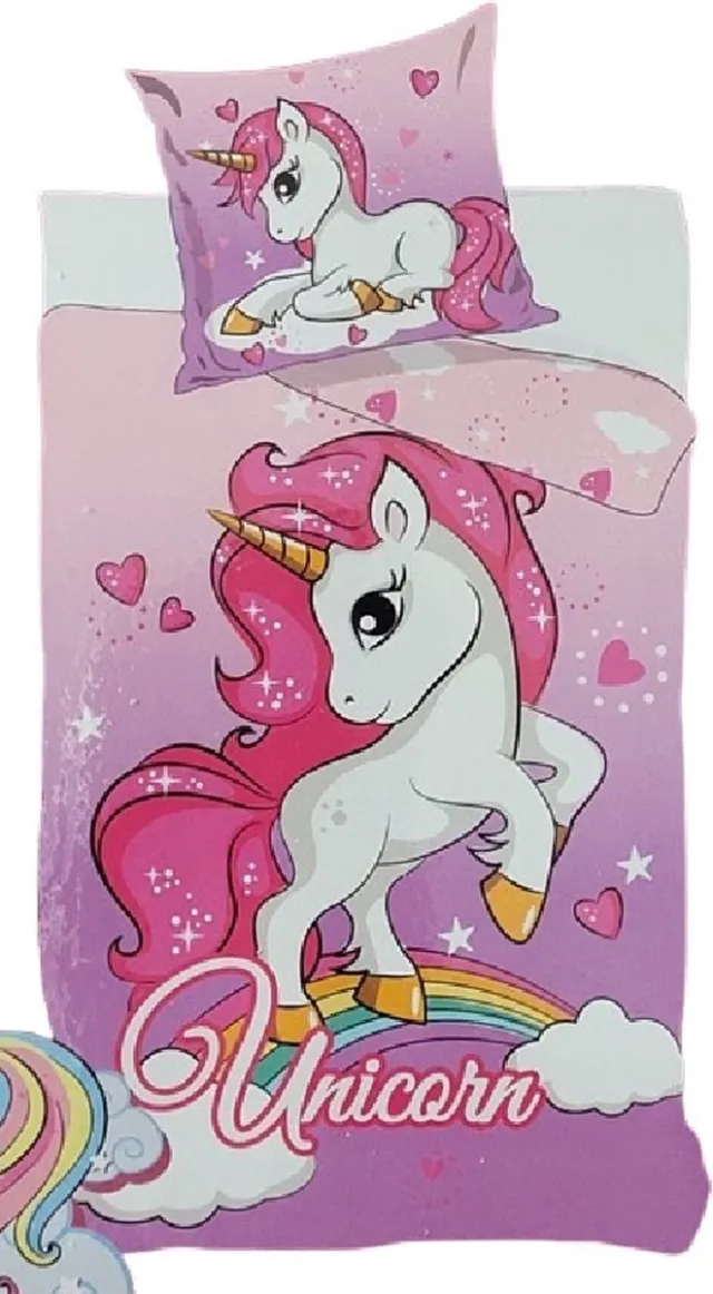 decoware Dekbedovertrek Unicorn - Rainbow - Roze - Microvezel - Eenpersoons - 140x200 + 60x70 cm
