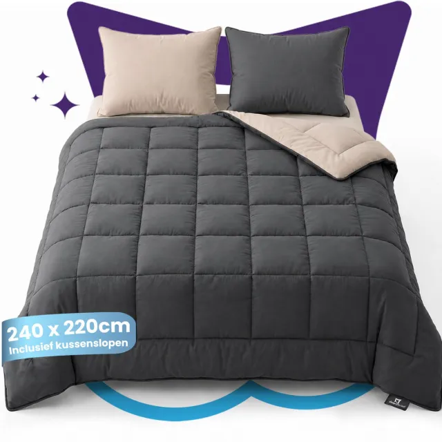 Slaapspeciaal Eazydekbed Supersoft Antraciet/Taupe - Dekbed zonder Overtrek - Wasbaar Dekbed - Hoesloos Dekbed - All Year Dekbed - 2 in 1 Dekbed - Incl. 2 Kussenslopen - 240x220 cm