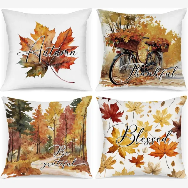 Huttutu Kussensloop - Herfst Waterverf Pompoen en Fiets Patroon - Decoratief Kussen voor Bank en Slaapkamer - Formaat 45x45 cm - 4 Stuks Warme herfsttinten