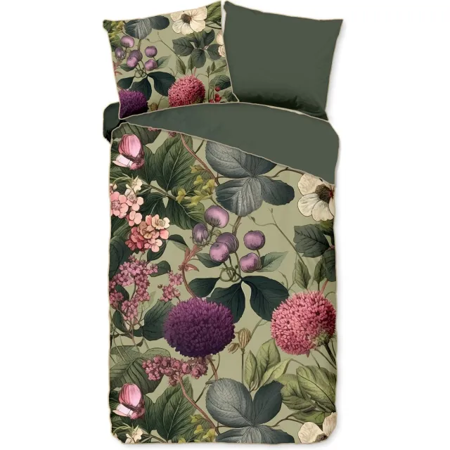 Descanso dekbedovertrek bloemen & bladeren - 1 persoons 140x200/220 cm - Groen - 100% Katoen satijn Green