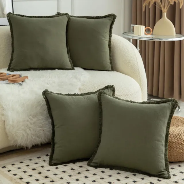 Ibenzoa Set van 4 Olijfgroene Katoenen Kussenhoezen – 45x45cm, Boho Stijl
