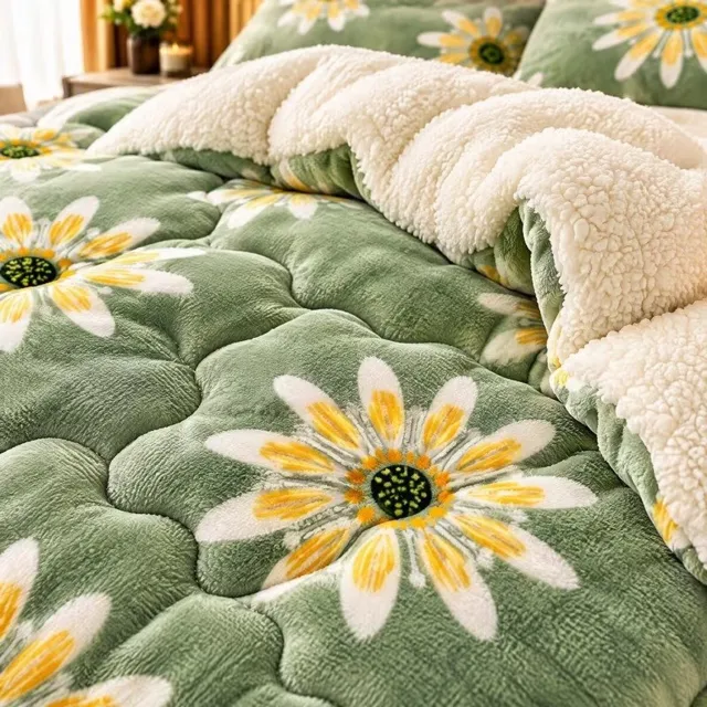 J.T.R Warme Winterdeken met Sherpa Voering - Gewatteerde Sprei met Madeliefjesprint - Zonnebloem Groen - 155x220 cm - Fluffy Plaid voor Bank en Bed.