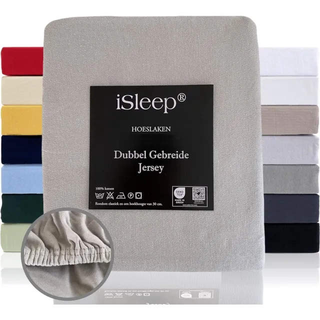 iSleep Dubbel Gebreide Jersey Hoeslaken - Hoge Hoek - Rondom Elastiek - Litsjumeaux - 160/180x200 cm - Licht Grijs Zilver