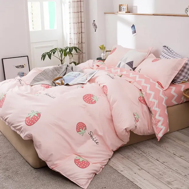 Unyqoos Schattige Roze Aardbei Kinderbeddengoedset met Gestreept Ontwerp voor Meisjes 135x200 cm