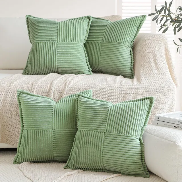 Ibenzoa Set van 4 stijlvolle corduroy kussenslopen voor decoratieve kussens in saliegroen, 45 x 45 cm Sage Green