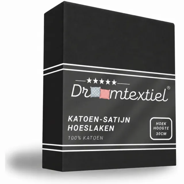 Droomtextiel Hoeslaken Katoen-Satijn - Zwart - 80x200 cm - Hoogwaardige Kwaliteit - Super Zacht - Hoge Hoek