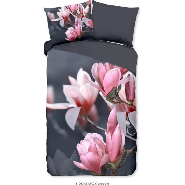 Pure dekbedovertrek magnolia bloemen - 1 persoons 140x200/220 cm - Antraciet - Microvezel Anthracite