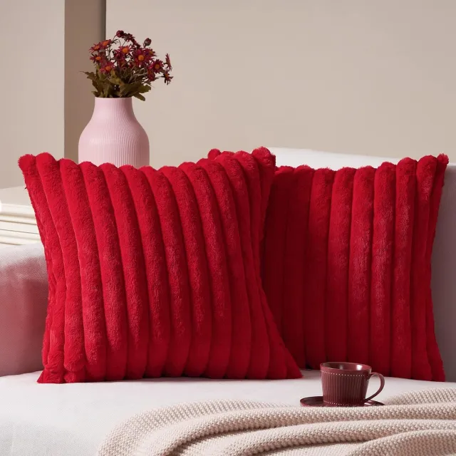 ZVD Kussenhoezen - 45x45 cm - Set van 2 - Rood - Sierkussenhoezen - Zacht en pluizig - Voorzien van een gestreept dessin - Luxe bankkussenhoezen - Geschikt voor woonkamer en slaapkamer