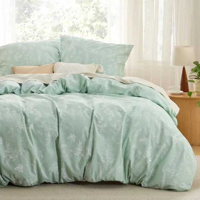 Ibenzoa Stijlvolle en Comfortabele Katoenen Beddengoedset met Bloemenpatroon, 155 x 220 cm, 3-delig groen
