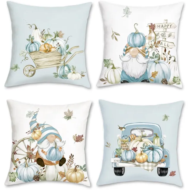 Ibenzoa Herfst Kussenslopen Set van 4 met Pompoen en Bladeren Design voor Huisdecoratie blauw