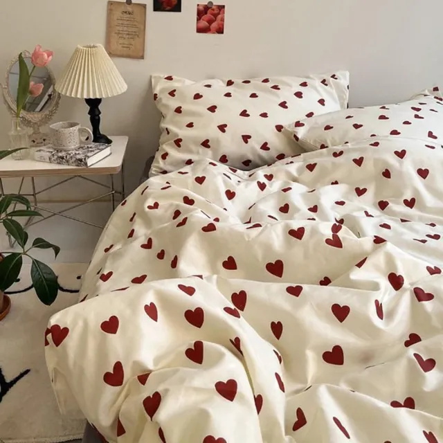 Ibenzoa Premium Beddengoedset Wit met Rode Hartjes – Dekbedovertrek & Kussensloop – Microvezel, Ritssluiting
