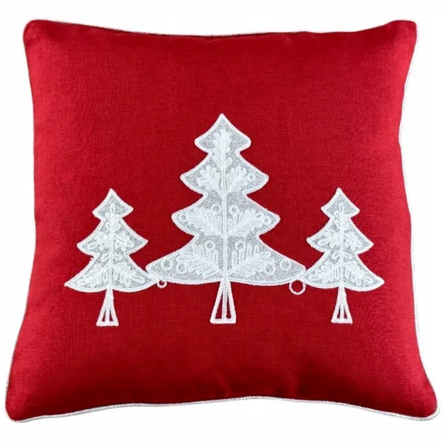 DeHome Kerst Kussenhoes 40x40 cm Rood met Zilveren Kerstbomen
