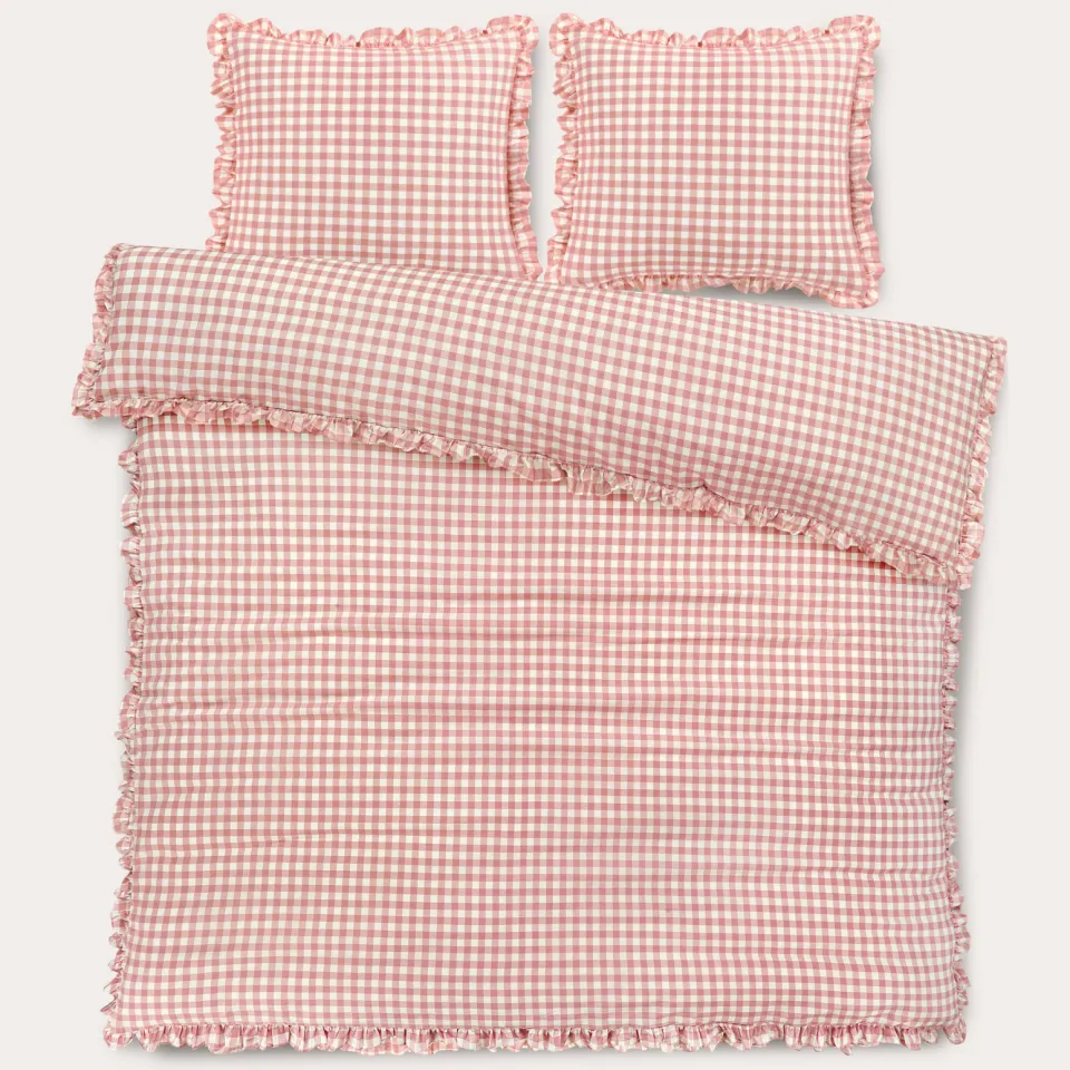 NOUS Living katoenen geruite ruffle 2-persoons dekbedovertrek 200x220 cm - roze, foto 5