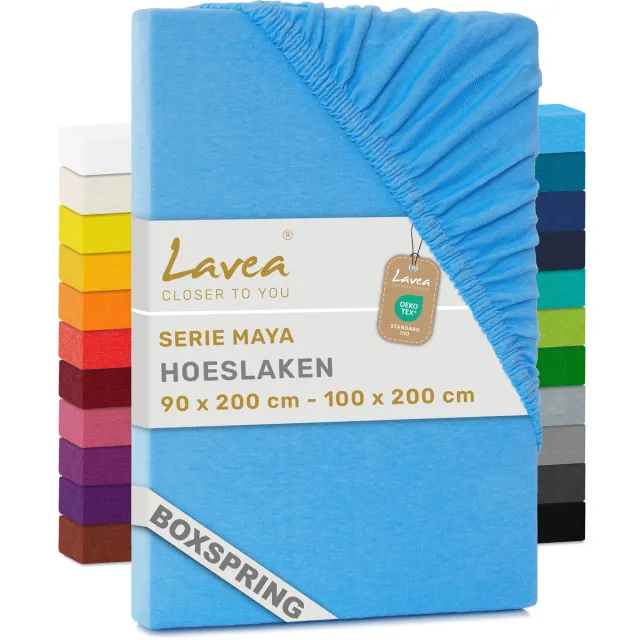 lavea Hoeslaken 90x200cm 100% Katoen – Hoge Hoek 35 cm voor Dikke Matrassen – met Elastiek Rondom in Jersey – voor Boxspring – Hemelsblauw