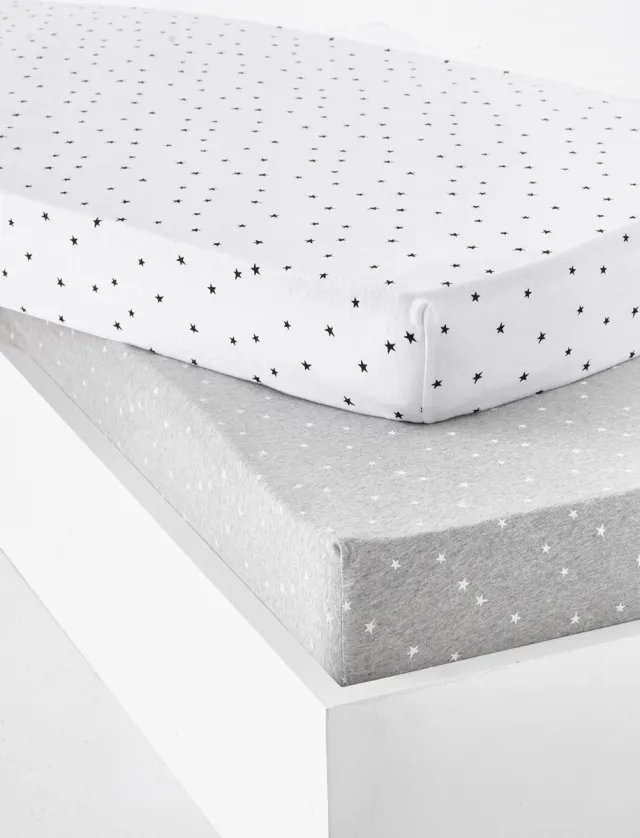 vertbaudet Set van 2 baby hoeslakens van rekbaar jersey met sterrenprint Lichtgrijs met print