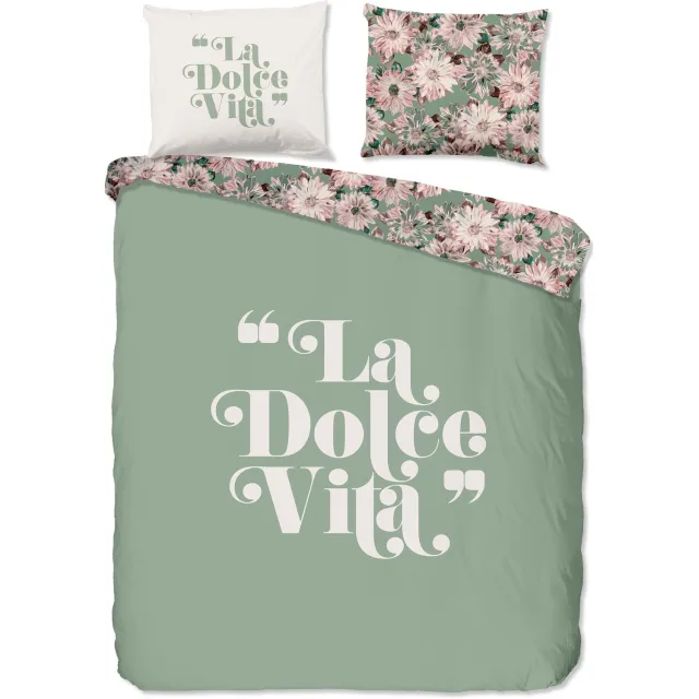 Good Morning dekbedovertrek met tekst en bloemen - 2 persoons 200x200/220 cm - Groen - 100% Katoen renforce Green