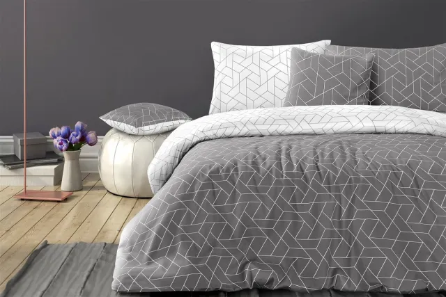 Padiro dekbedovertrek 260 x 220 cm - extra groot XXL - Katoensatijn - Grijs - Geometrisch patroon - dubbelzijdig design - Met 2 kussenslopen 50 x 70 cm - 3-delig voor 2 personen
