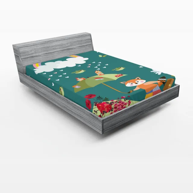 ABAKUHAUS Hoeslaken met vossenprint, bosdieren, hartjes en bloemen, zachte decoratieve stof met elastische band, 160 x 200 cm, groenroze