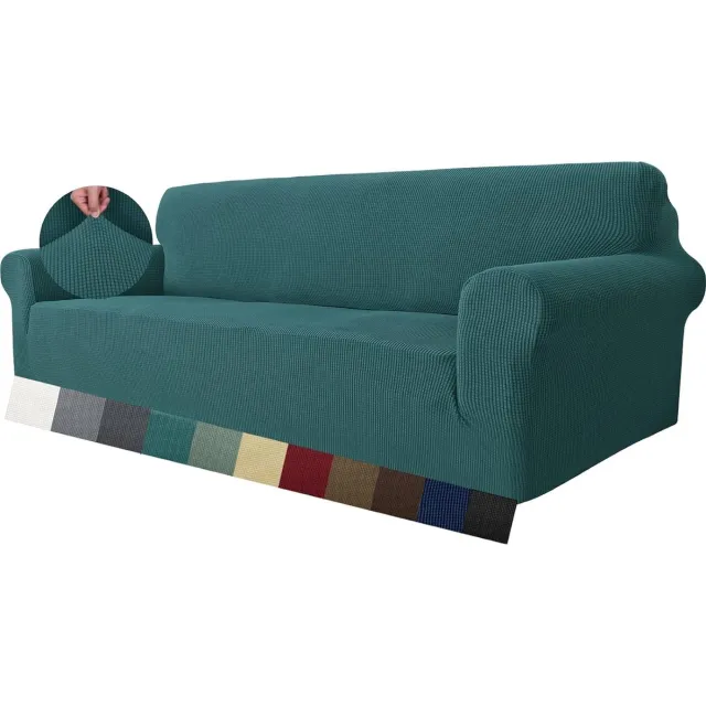 MAXIJIN Super Stretch Zetelhoes voor 4 zitplaatsen bank, 1-delige universele bankhoezen woonkamer Jacquard Spandex meubelbeschermer honden huisdiervriendelijk ingerichte bank Slipcover (4 zitsbank, zwartachtig groen)