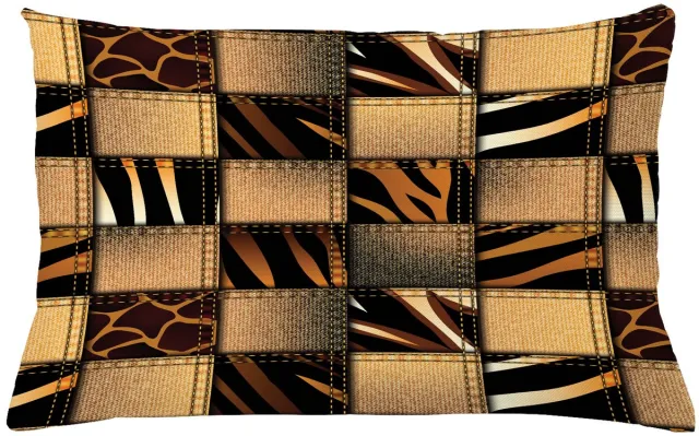 ABAKUHAUS Safari Kussenhoes, Jeans-Denim-Patchwork, Wasbare Kussenhoes met Ritssluiting, Kleurechte Heldere Kleuren en Dubbelzijdige Print, 65 x 40 cm, Bruin en Zwart