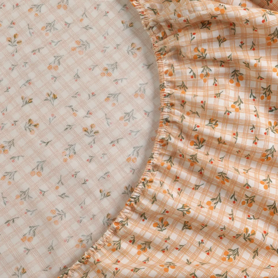 NOUS Living katoenen hoeslaken met bloemenprint oranje, foto 2