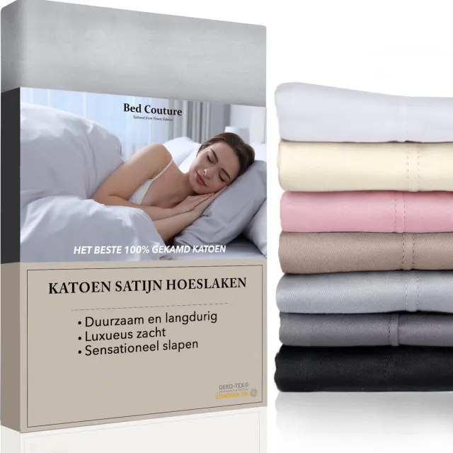 Bed Couture Satijnen Hoeslaken 100% Katoen Satijn - Zilver Grijs - 100x200cm - Hoekhoogte 32cm - Super Zacht - 5 Sterrenhotel Kwaliteit