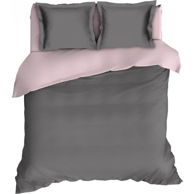Romanette Comtesse flanel dekbedovertrek - Antraciet/roze - Lits-jumeaux (260x200/220 cm + 2 slopen)