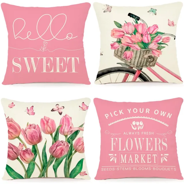 Unyqoos Set van vier decoratieve linnen kussenslopen met bloemen voor zomerse sfeer roze