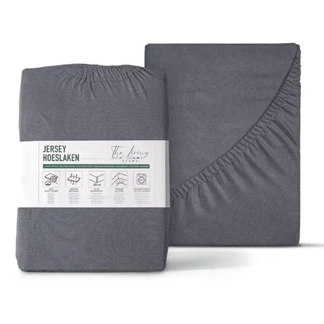 The Living Store Katoenen Hoeslaken - Enkel Jersey - 190/200 x 200/220 cm - 100% katoen - Antraciet - Extra breed - Hotelkwaliteit