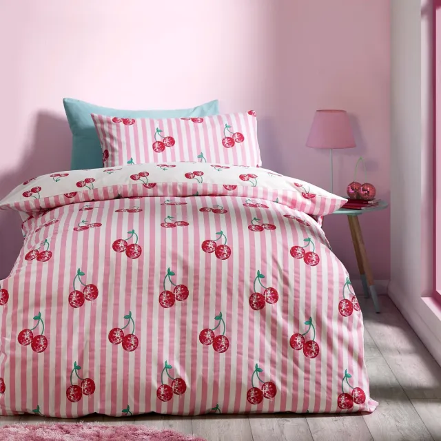 Ibenzoa Stijlvolle en omkeerbare beddengoedset voor met kersenmotief roze