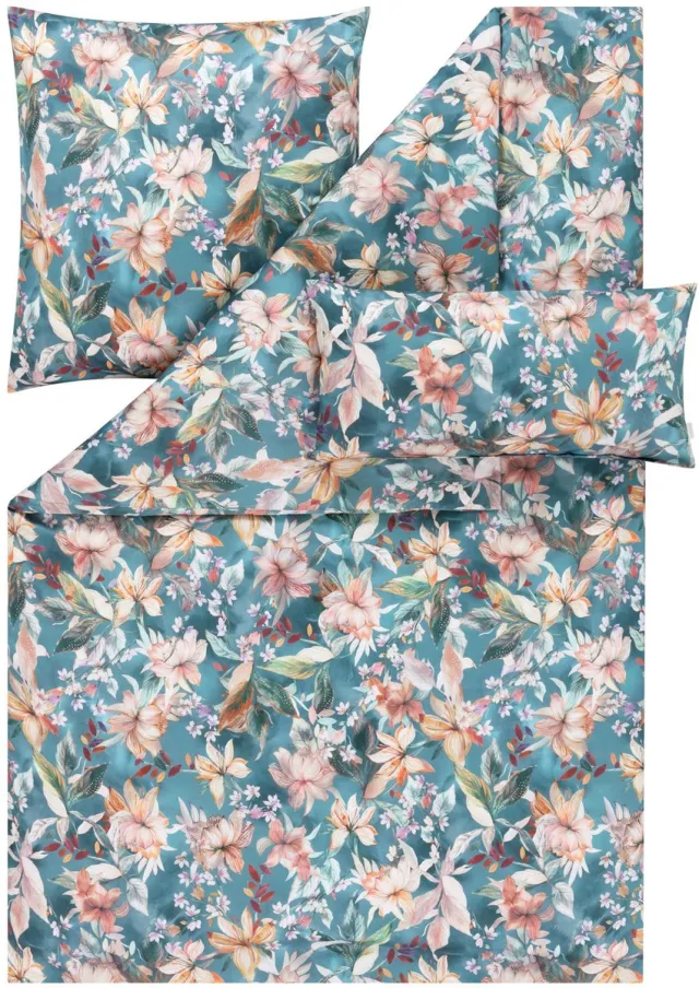 Estella Estera - Dekbedovertrekset van Mako-katoensatijn - 200 x 220 cm - 5-delig - Bloemenpatroon Groen
