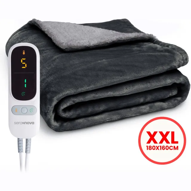 Seranova Elektrische Deken XXL - Extra Warmtedraden - Premium Model - 180x160 cm - 2 persoons Warmtedeken - Dubbelzijdig Fleece Sherpa - Antraciet