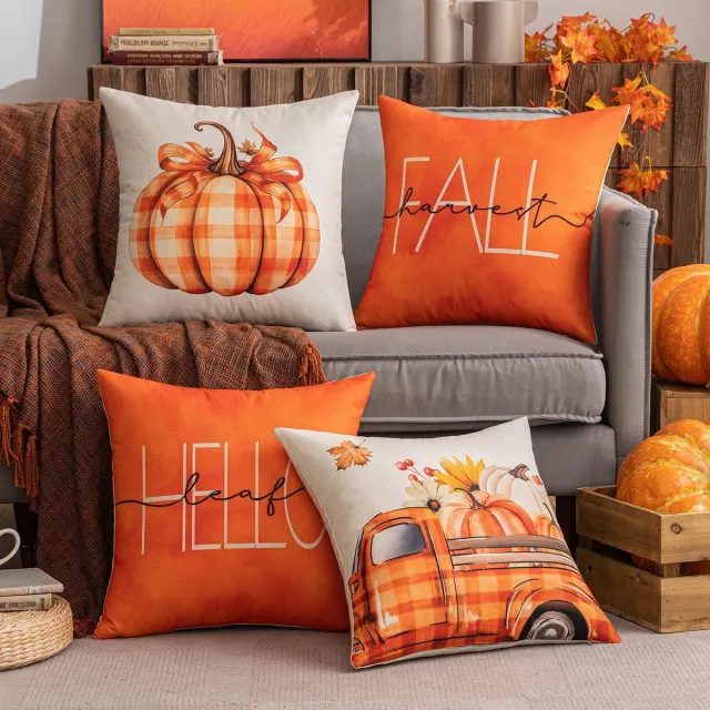 Ibenzoa Seizoensdecoratie Kussenhoezen Set - 4 Stuks, Herfstthema met Geometrische Patronen oranje