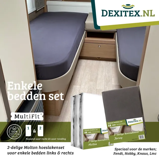 dexitex 1 x Molton + 1 x Hoeslakenset Antraciet enkele bedden 2 delig geschikt voor Caravan Fendt-Hobby-Knaus-LMC-Tabbert-Weinsberg-Dethleffs-Bürnster 1 x molton + 1 hoeslaken Antraciet
