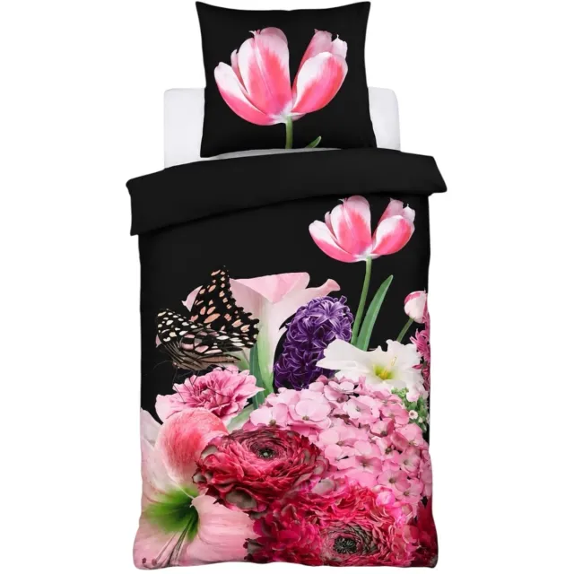 Husch Dekbedovertrek Spring Flower Black - 140x200/220 - Bloemen - Zwart/Multi